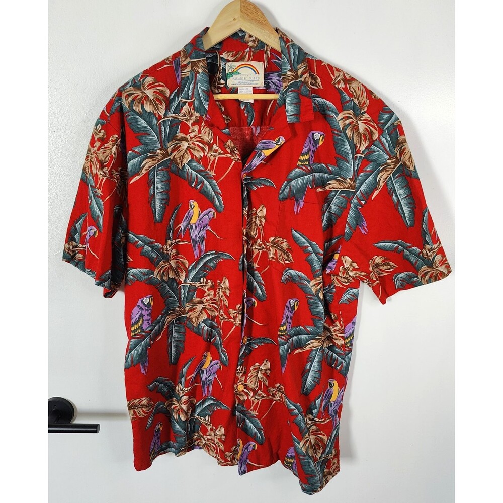 Paradise Found Floral Parrot Red Hawaiian Shirt Mens Size XL Made in Hawaii